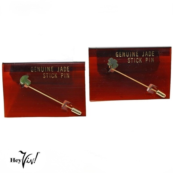 Vintage 2 Genuine Jade Stick Pins Taiwan ROC Label Mushroom and Clover - Hey Viv - Picture 1 of 4